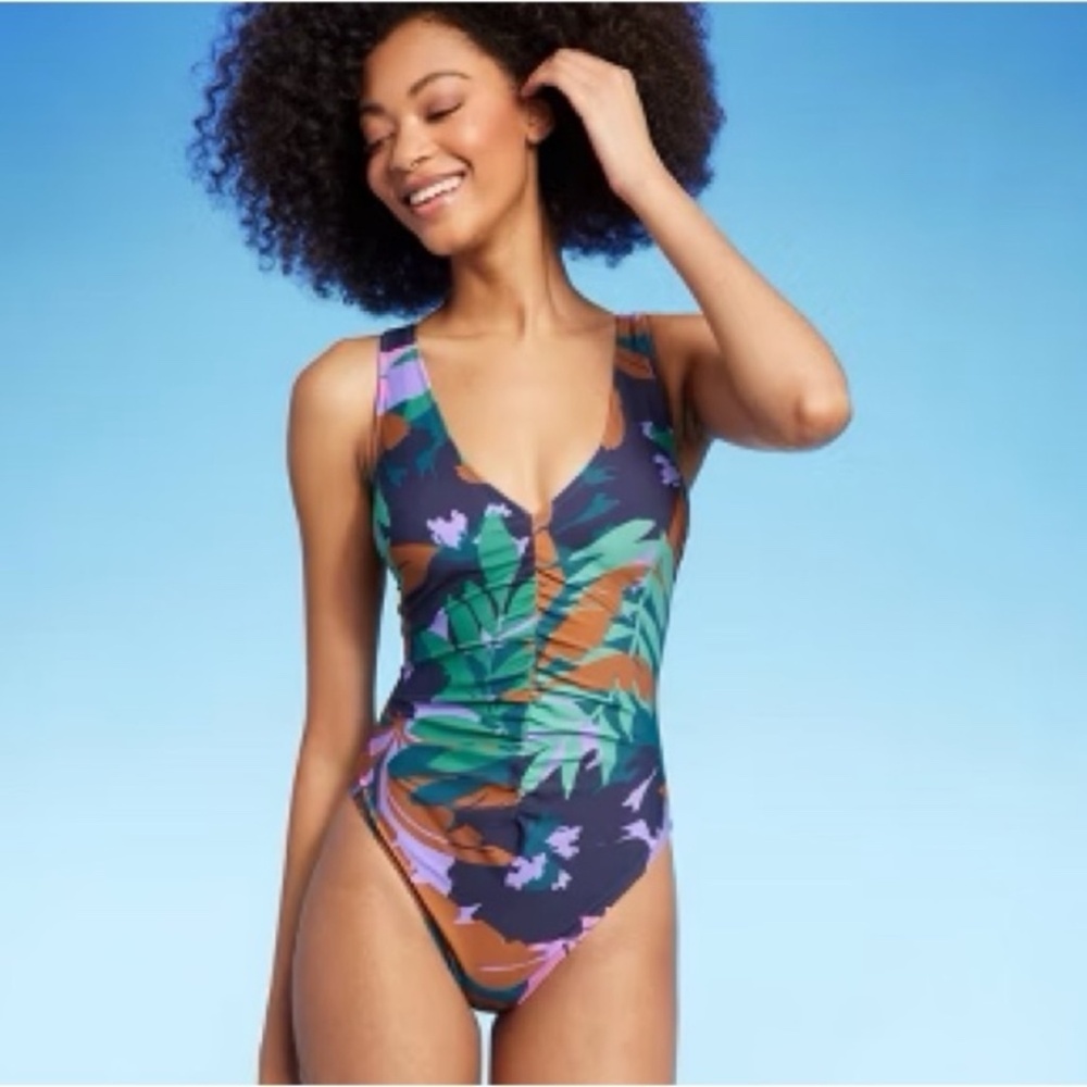 Shade & Shore - Women's Shirred Plunge One Piece Swimsuit Multi Floral Print S